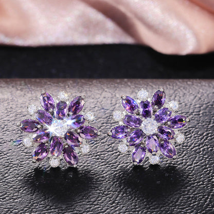 Anti-Tarnish Silver Plated American Diamond Studded Purple Floral Stud Earrings - Wholesale
