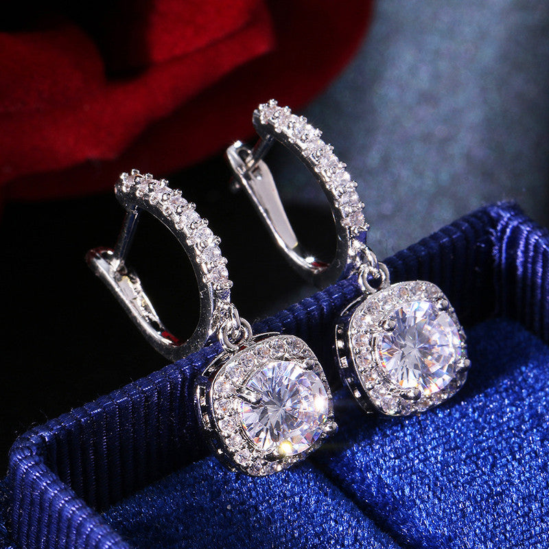 Anti-Tarnish Silver Plated American Diamond Studded Rectangular Crushed Ice Cut Drop Earrings - Wholesale