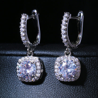 Anti-Tarnish Silver Plated American Diamond Studded Rectangular Crushed Ice Cut Drop Earrings - Wholesale