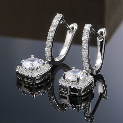 Anti-Tarnish Silver Plated American Diamond Studded Rectangular Crushed Ice Cut Drop Earrings - Wholesale