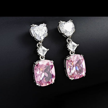 Anti-Tarnish Silver Plated American Diamond Studded Pink Heart Crushed Ice Cut Drop Earrings - Wholesale