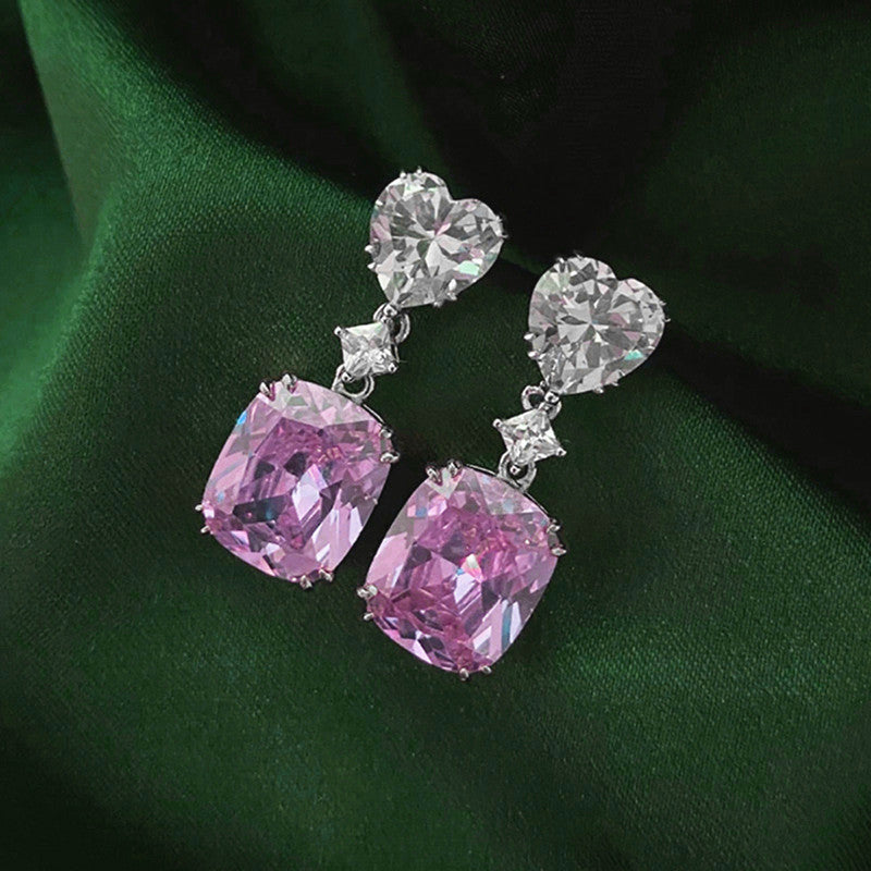 Anti-Tarnish Silver Plated American Diamond Studded Pink Heart Crushed Ice Cut Drop Earrings - Wholesale