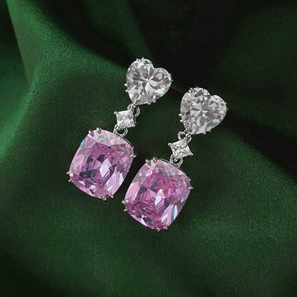 Anti-Tarnish Silver Plated American Diamond Studded Pink Heart Crushed Ice Cut Drop Earrings - Wholesale