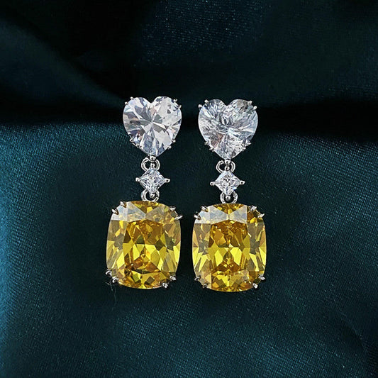 Anti-Tarnish Silver Plated American Diamond Studded Yellow Heart Crushed Ice Cut Drop Earrings - Wholesale