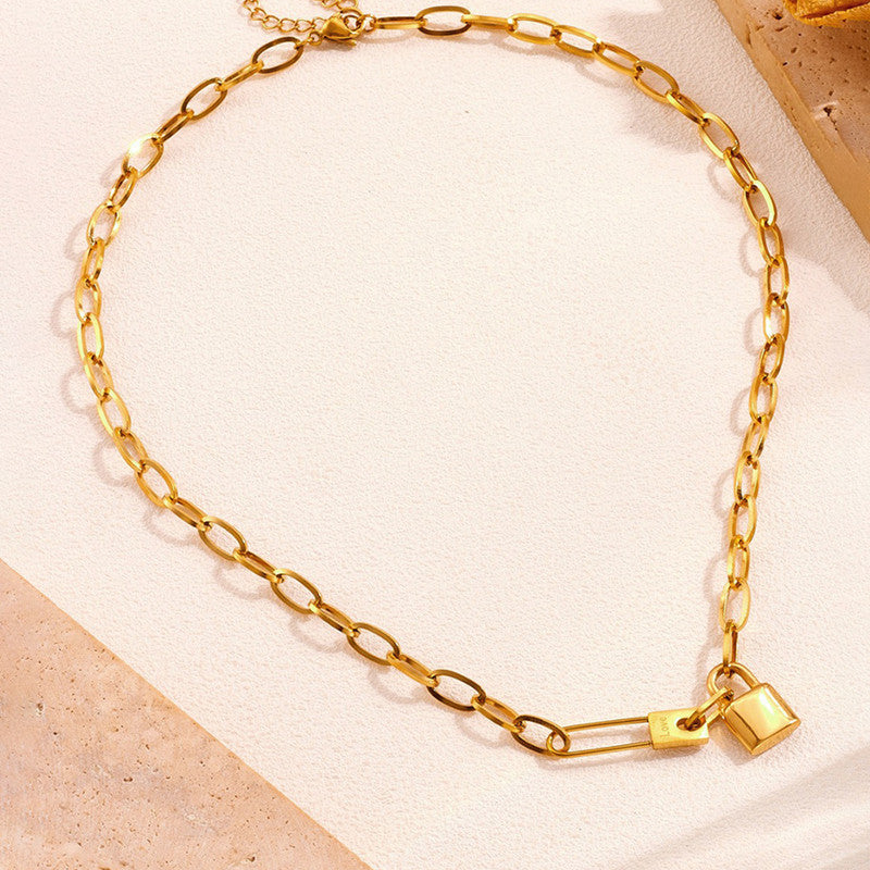 Anti-Tarnish Stainless Steel Gold-Plated Lock Inspired Rope Chain Necklace - Wholesale
