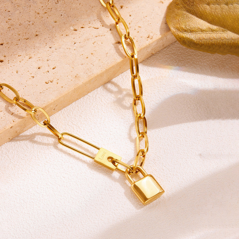 Anti-Tarnish Stainless Steel Gold-Plated Lock Inspired Rope Chain Necklace - Wholesale