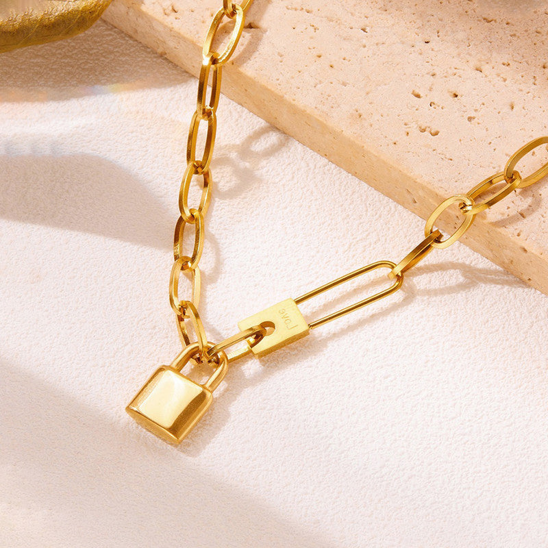 Anti-Tarnish Stainless Steel Gold-Plated Lock Inspired Rope Chain Necklace - Wholesale