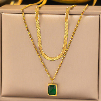 Anti-Tarnish Stainless Steel Gold-Plated Green Emerald Geometric Layered Necklace - Wholesale