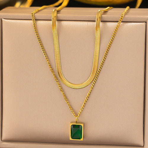 Anti-Tarnish Stainless Steel Gold-Plated Green Emerald Geometric Layered Necklace - Wholesale