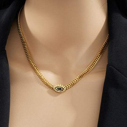 Anti-Tarnish Stainless Steel Gold-Plated Evil Eye Black CZ Necklace - Wholesale