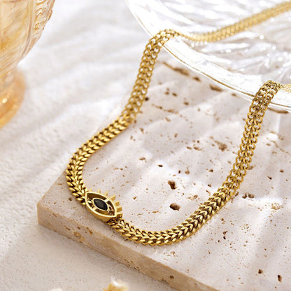 Anti-Tarnish Stainless Steel Gold-Plated Evil Eye Black CZ Necklace - Wholesale