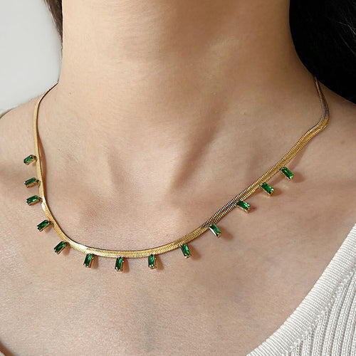 Anti-Tarnish Gold-Plated Snake Chain Green Emerald Studded Necklace - Wholesale