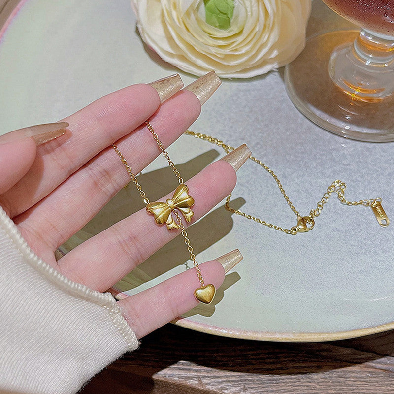 Anti-Tarnish Gold-Plated Heart & Bow Inspired Stainless Steel Pendant Necklace - Wholesale