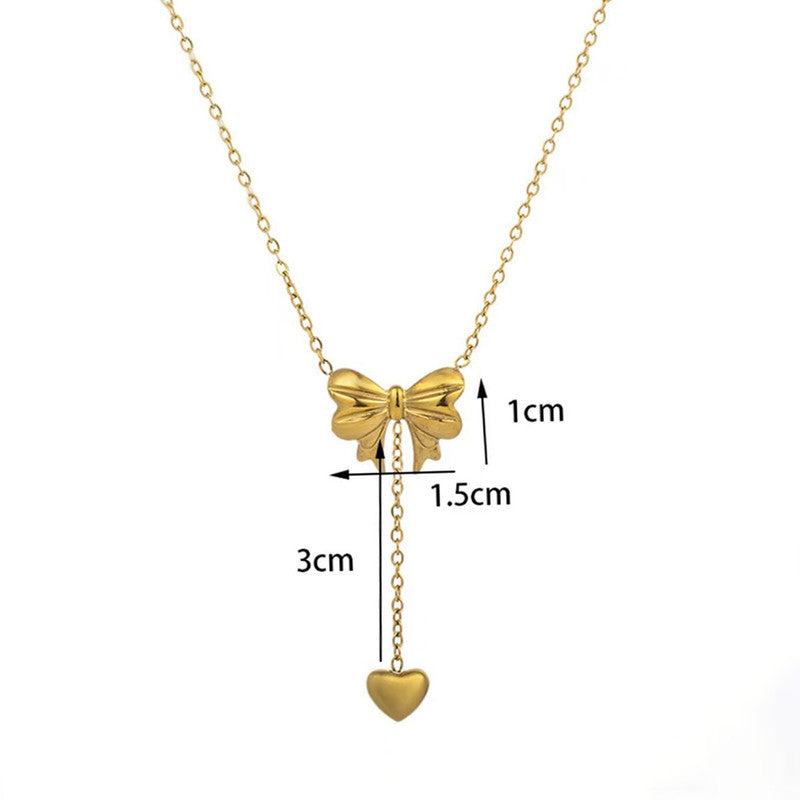 Anti-Tarnish Gold-Plated Heart & Bow Inspired Stainless Steel Pendant Necklace - Wholesale