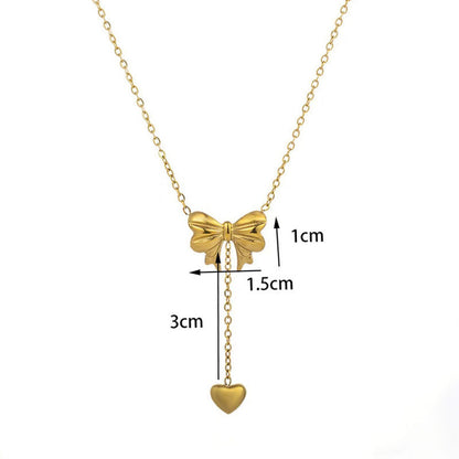 Anti-Tarnish Gold-Plated Heart & Bow Inspired Stainless Steel Pendant Necklace - Wholesale