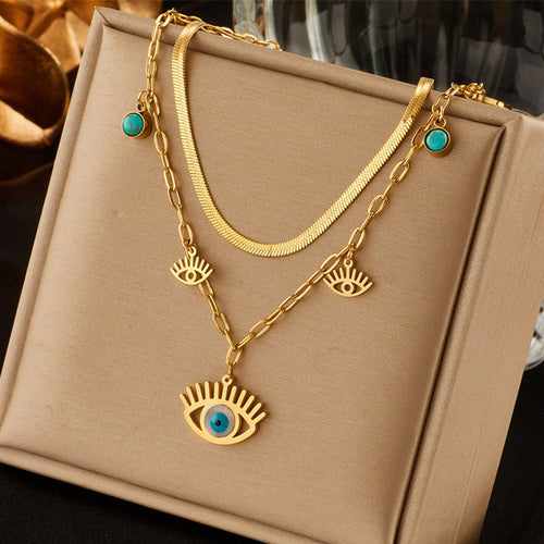 Anti-Tarnish Gold-Plated Evil Eye Themed Dual Strand Necklace - Wholesale