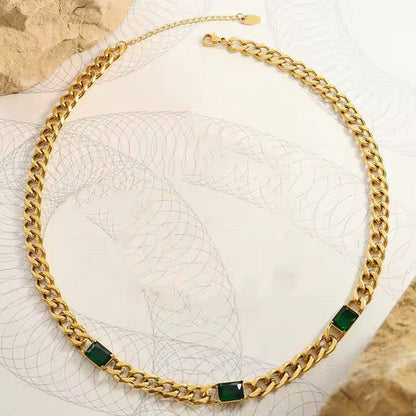 Anti-Tarnish Stainless Steel Gold-Plated Snake Chain Green Emerald Necklace - Wholesale