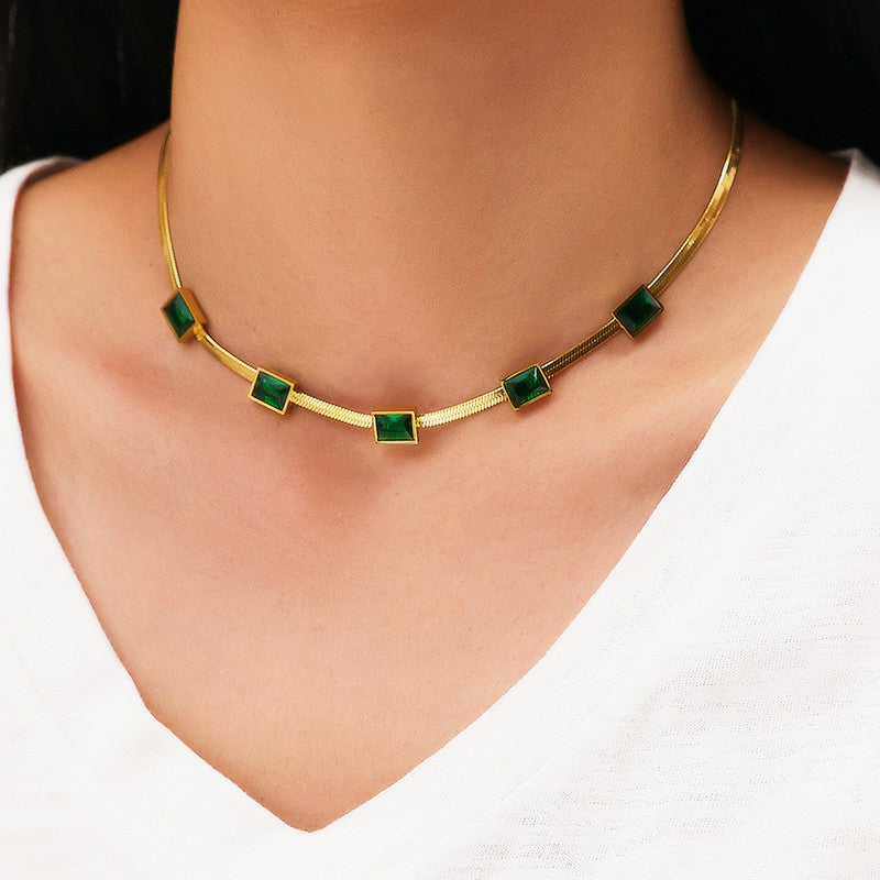 Anti-Tarnish Stainless Steel Gold-Plated Snake Chain Green Emerald Necklace - Wholesale
