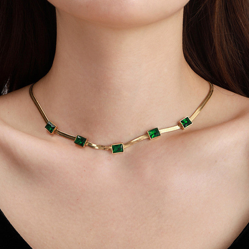 Anti-Tarnish Stainless Steel Gold-Plated Snake Chain Green Emerald Necklace - Wholesale