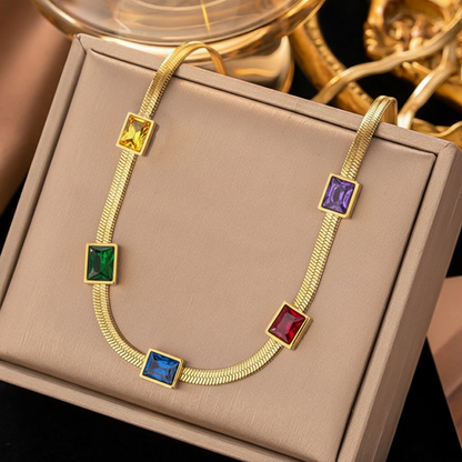 Anti-Tarnish Stainless Steel Gold Plated Snake Chain Multicolor Emerald Studded Necklace - Wholesale