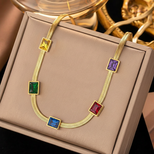 Anti-Tarnish Stainless Steel Gold Plated Snake Chain Multicolor Emerald Studded Necklace - Wholesale