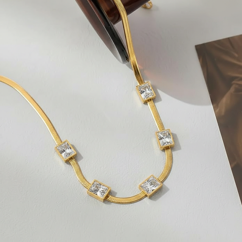 Anti-Tarnish Stainless Steel Gold Plated Snake Chain White Emerald Studded Necklace - Wholesale