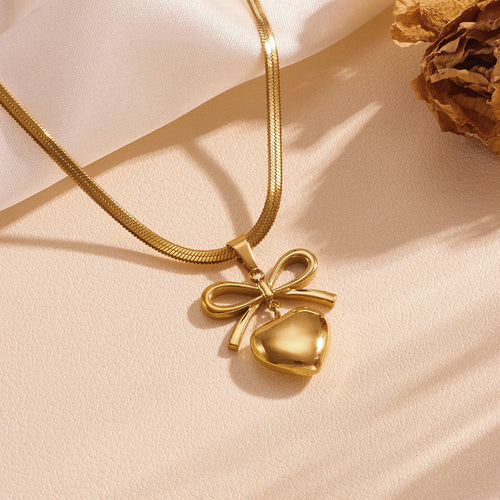 Anti-Tarnish Gold-Plated Bow Knot Heart Themed Pendant - Wholesale