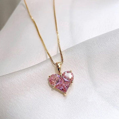 Anti-Tarnish Stainless Steel Gold-Plated Pink Heart Themed CZ Pendant - Wholesale
