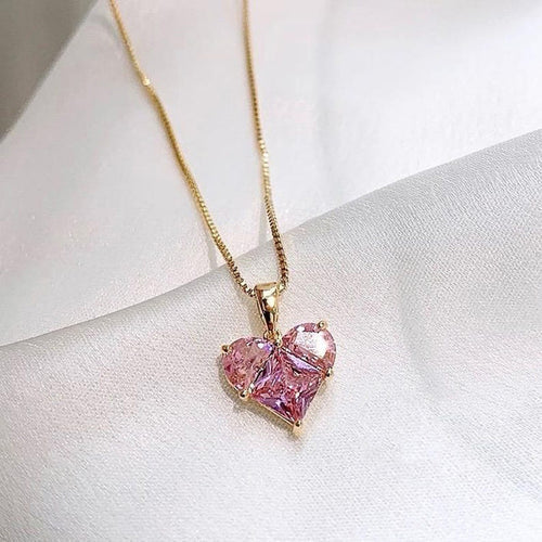 Anti-Tarnish Stainless Steel Gold-Plated Pink Heart Themed CZ Pendant - Wholesale