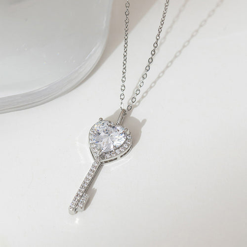 Anti-Tarnish Stainless Steel Silver-Plated American Diamond Studded Heart Key Pendant - Wholesale