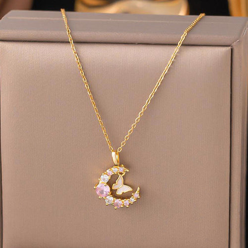 Anti-Tarnish Stainless Steel Gold-Plated Butterfly-Moon Themed Pendant - Wholesale