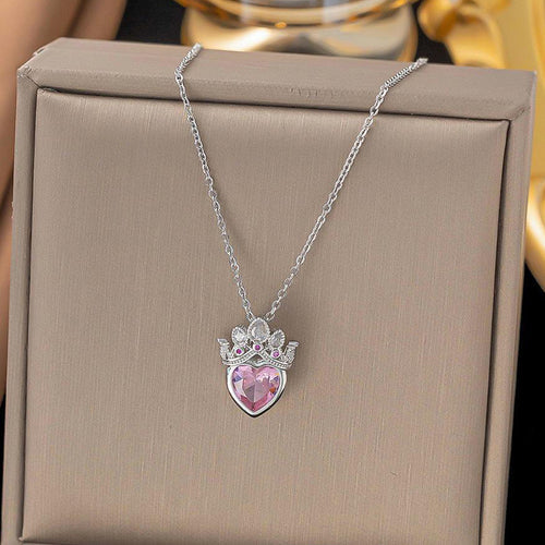 Anti-Tarnish Stainless Steel Gold-Plated Heart Themed Pink Crown Pendant - Wholesale