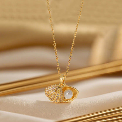 Anti-Tarnish Stainless Steel Gold Plated Shell Shaped AD Studded Pendant - Wholesale