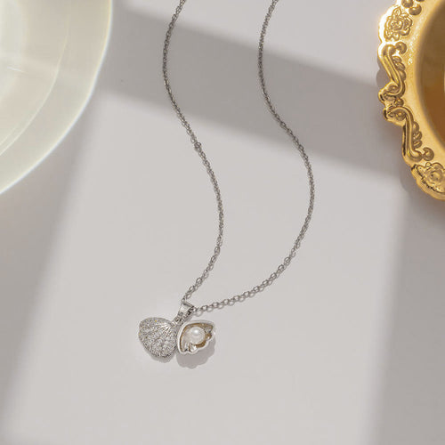 Anti-Tarnish Stainless Steel Silver Plated Shell Shaped AD Studded Pendant - Wholesale