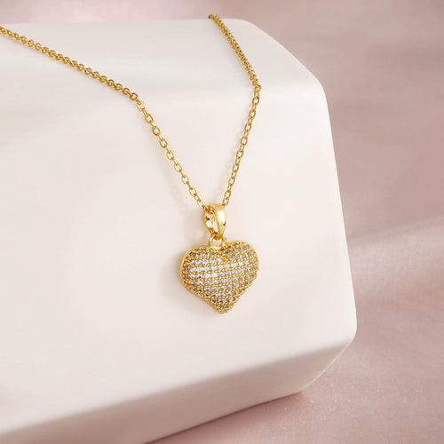 Anti-Tarnish Stainless Steel Gold Plated Heart Themed AD Studded Pendant - Wholesale