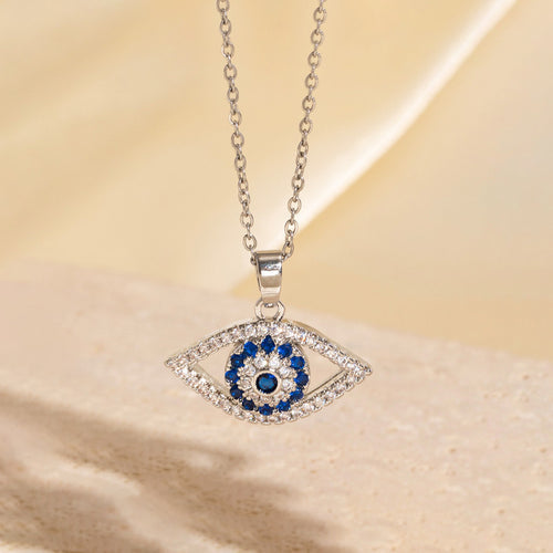 Anti-Tarnish Stainless Steel Silver Plated Evil Eye AD Studded Pendant - Wholesale