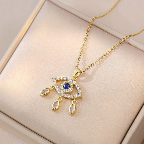Anti-Tarnish Stainless Steel Gold Plated Evil Eye AD Studded Pendant - Wholesale