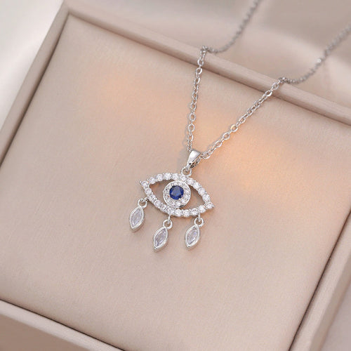 Anti-Tarnish Stainless Steel Silver Plated Evil Eye AD Studded Pendant - Wholesale