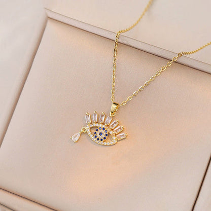 Anti-Tarnish Stainless Steel Gold Plated Evil Eye AD Studded Pendant - Wholesale