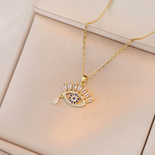 Anti-Tarnish Stainless Steel Gold Plated Evil Eye AD Studded Pendant - Wholesale