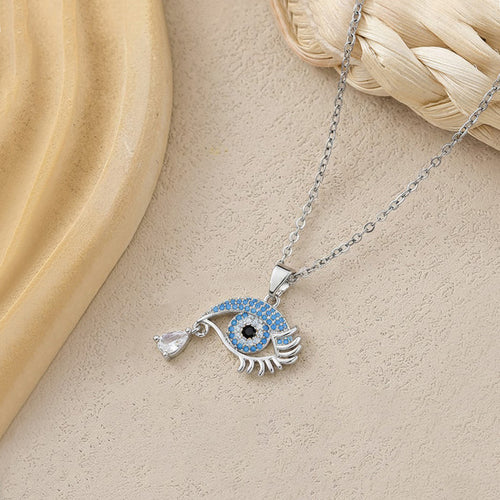 Anti-Tarnish Stainless Steel Silver Plated Evil Eye AD Studded Pendant - Wholesale