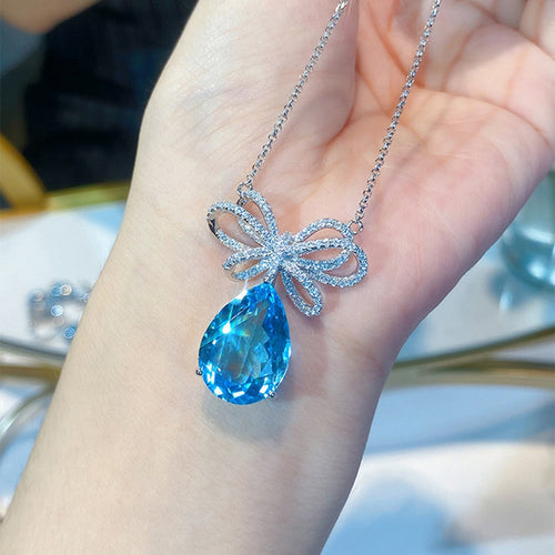 Anti-Tarnish Stainless Steel Silver-Plated Blue Teardrop Crushed Ice Cut Pendant - Wholesale