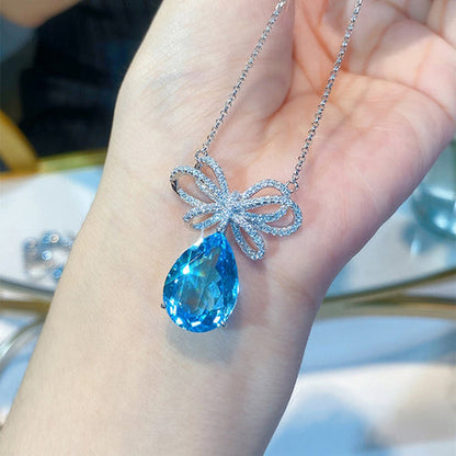 Anti-Tarnish Stainless Steel Silver-Plated Blue Teardrop Crushed Ice Cut Pendant - Wholesale