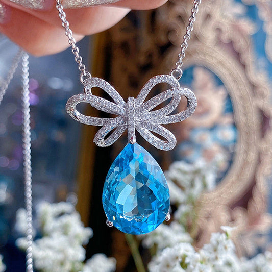 Anti-Tarnish Stainless Steel Silver-Plated Blue Teardrop Crushed Ice Cut Pendant - Wholesale