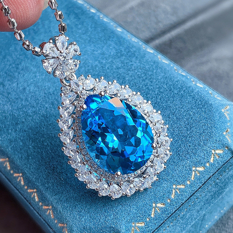Anti-Tarnish Stainless Steel Silver-Plated Blue Teardrop Crushed Ice Cut Pendant - Wholesale