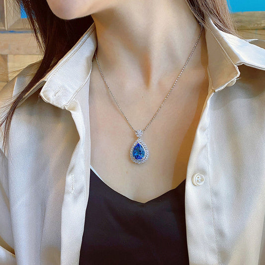 Anti-Tarnish Stainless Steel Silver-Plated Blue Teardrop Crushed Ice Cut Pendant - Wholesale