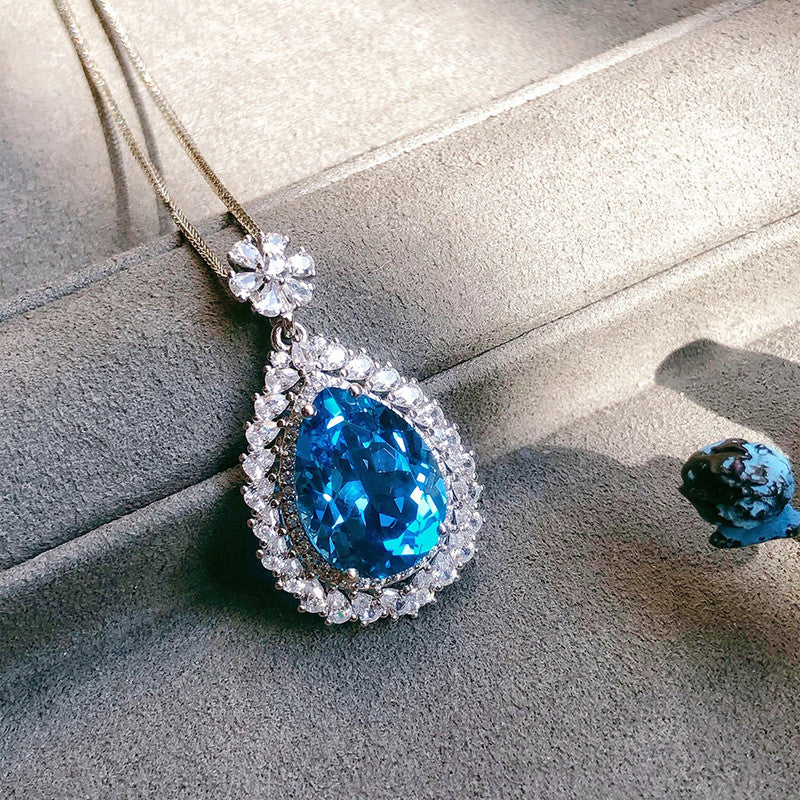 Anti-Tarnish Stainless Steel Silver-Plated Blue Teardrop Crushed Ice Cut Pendant - Wholesale
