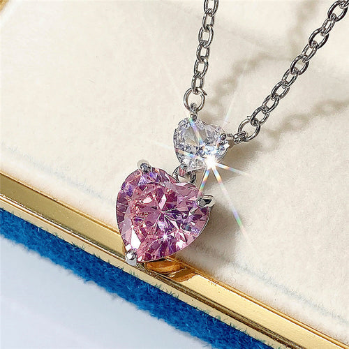 Anti-Tarnish Stainless Steel Silver-Plated Pink Heart Shape AD Studded Pendant - Wholesale