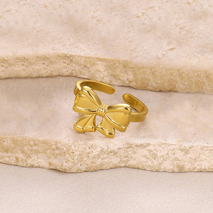 Anti-Tarnish Stainless Steel Gold Plated Bow Themed Adjustable Ring - Wholesale
