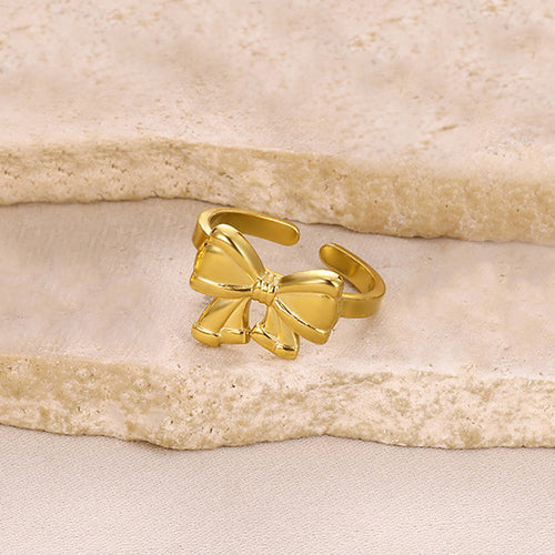 Anti-Tarnish Stainless Steel Gold Plated Bow Themed Adjustable Ring - Wholesale